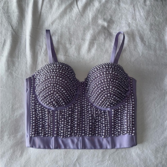 Light Purple Pearl Beaded Bustier Crop Top - Picture 1 of 7